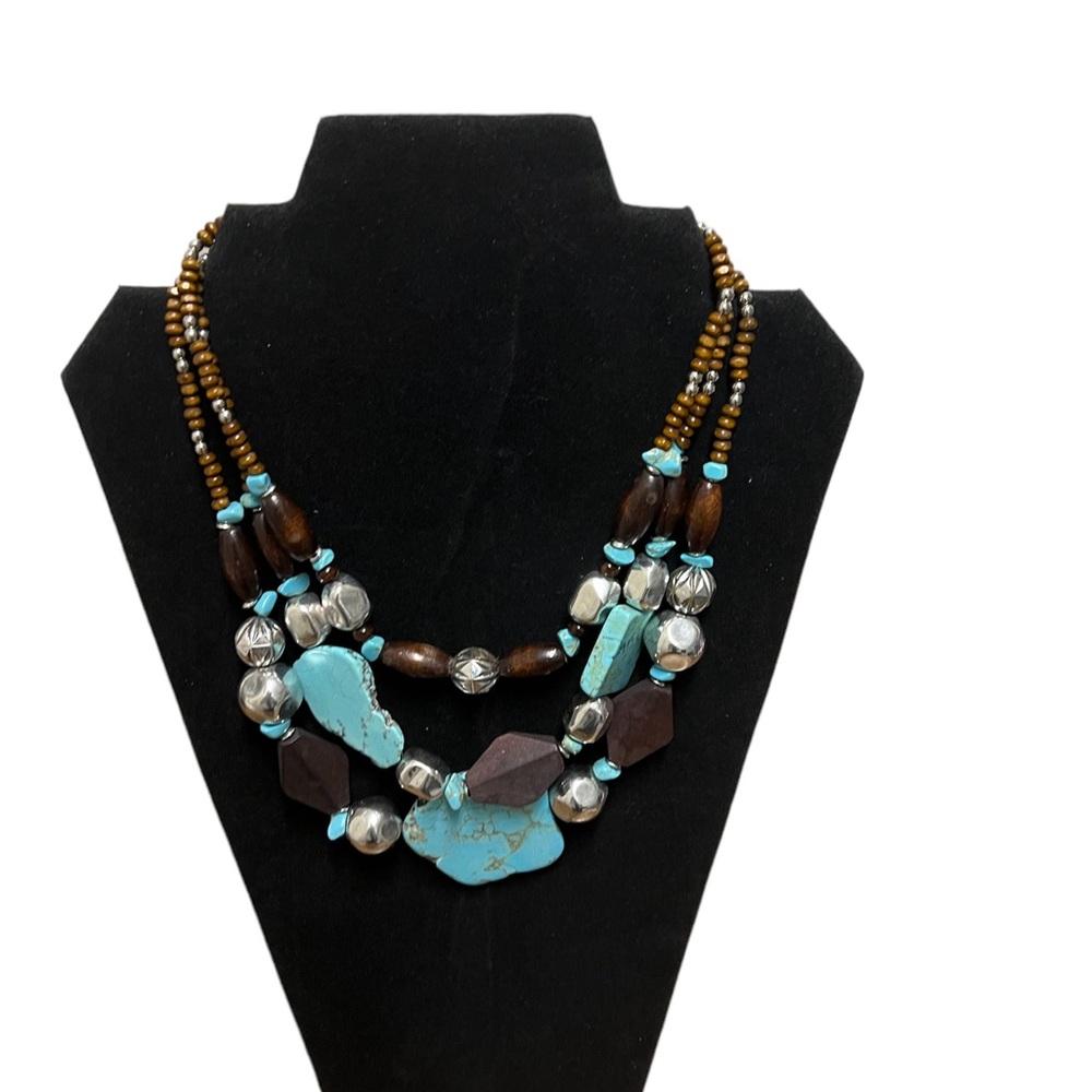 BOCAR Triple Layer Faux Turquoise Chunky Wood Beads Silver Statement Nec…